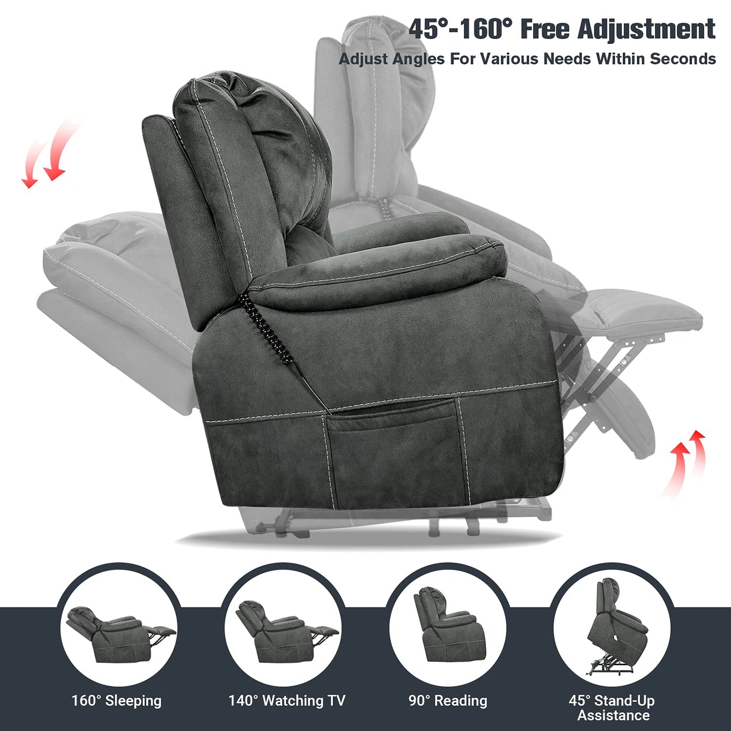 Soft Fabric Power Lift Recliner Chair for Elderly with Side Pockets & USB Ports, Supports up to 360 lbs