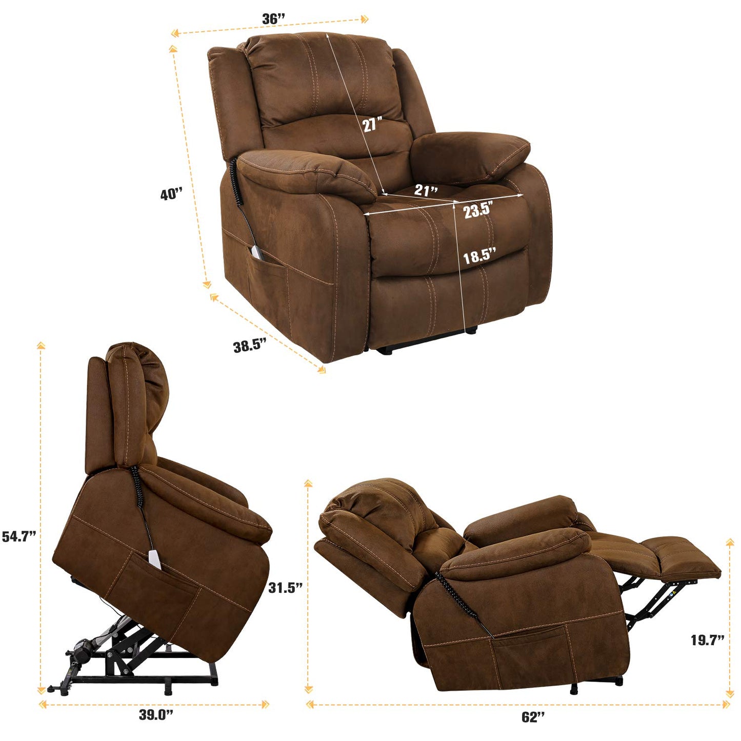 Soft Fabric Power Lift Recliner Chair for Elderly with Side Pockets & USB Ports, Supports up to 360 lbs