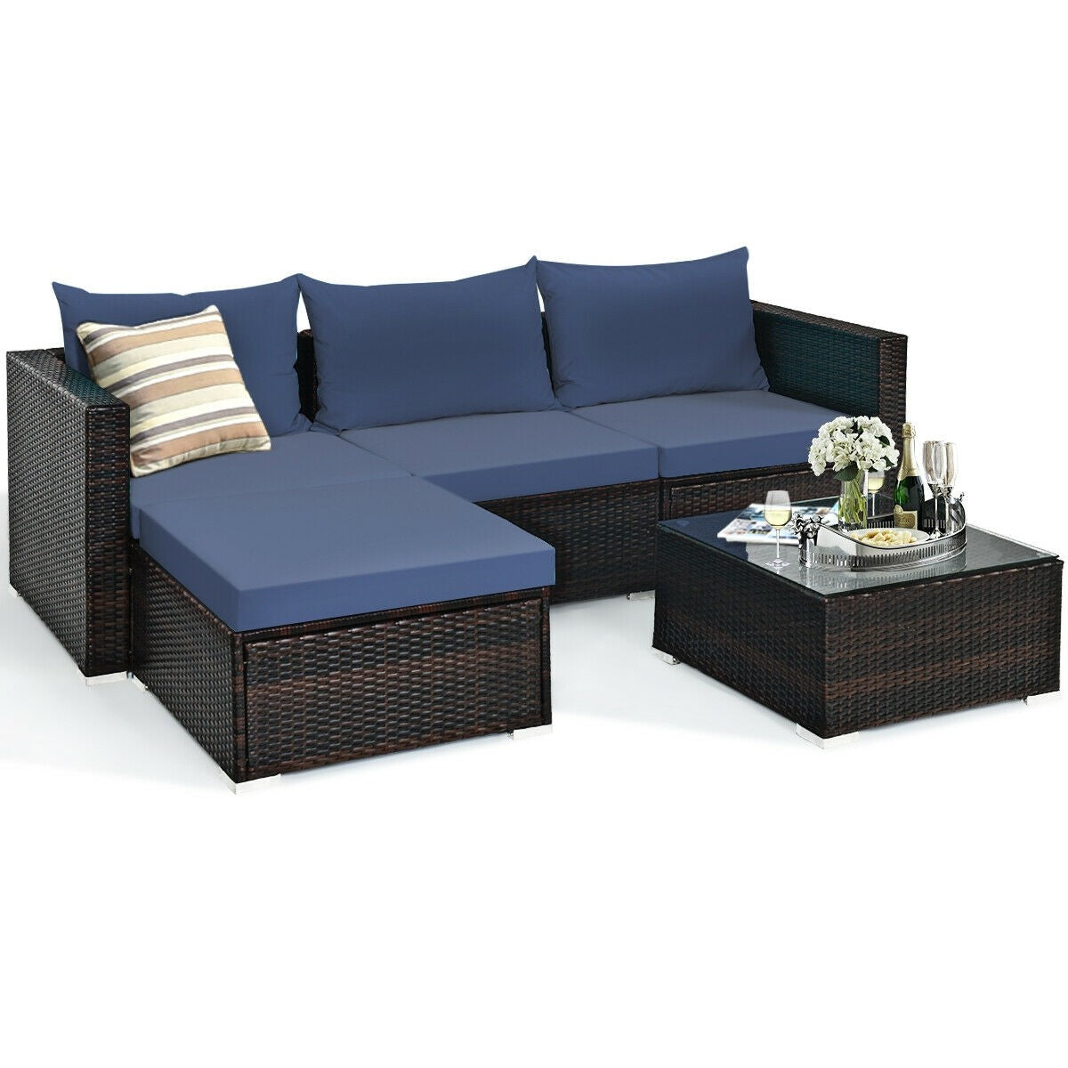 5 Piece Multi Combination Patio Rattan Sectional w/ Cushions + Coffee Table