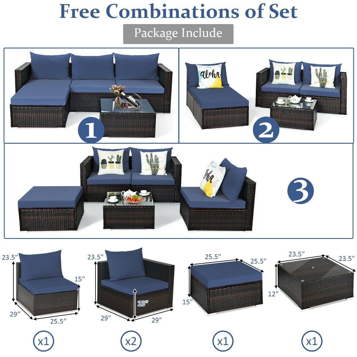 5 Piece Multi Combination Patio Rattan Sectional w/ Cushions + Coffee Table