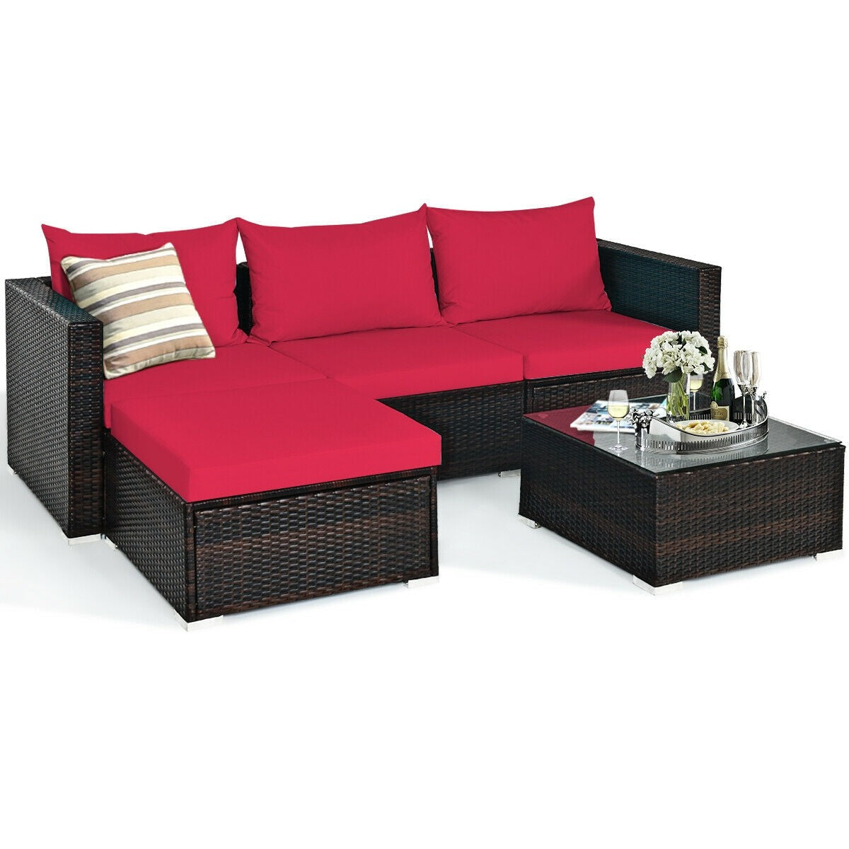 5 Piece Multi Combination Patio Rattan Sectional w/ Cushions + Coffee Table