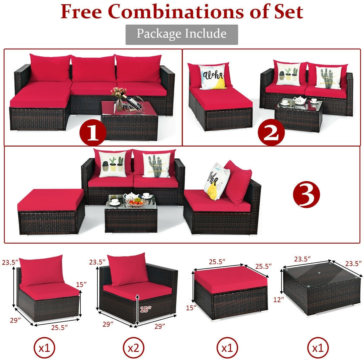 5 Piece Multi Combination Patio Rattan Sectional w/ Cushions + Coffee Table