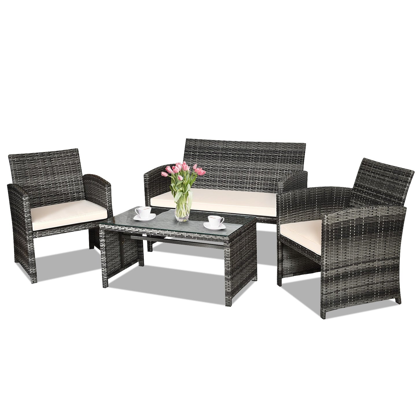 4 Piece Rattan Patio Furniture Set w/ Love Seat + Coffee Table + White Cushions.