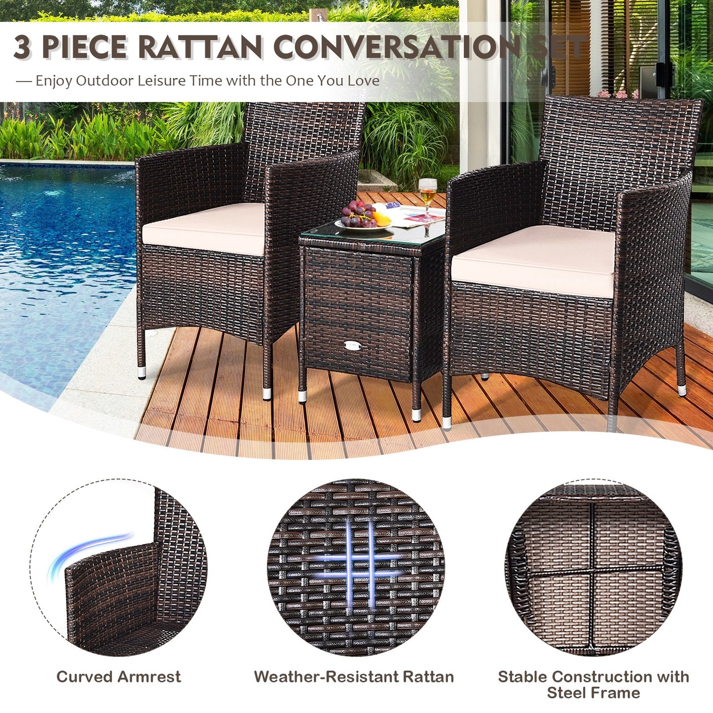 3 Piece Rattan Patio Furniture Set w/ Coffee Table + Beige Cushions.