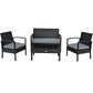 4 Piece Rattan Patio Furniture Set w/ Love Seat + Coffee Table + Grey Cushions.