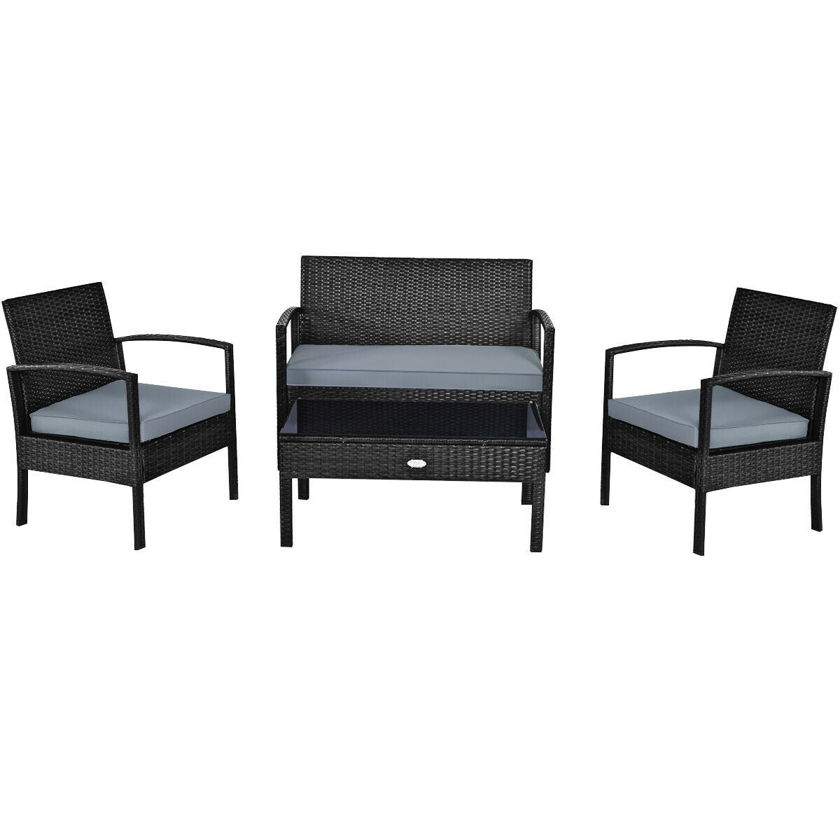 4 Piece Rattan Patio Furniture Set w/ Love Seat + Coffee Table + Grey Cushions.