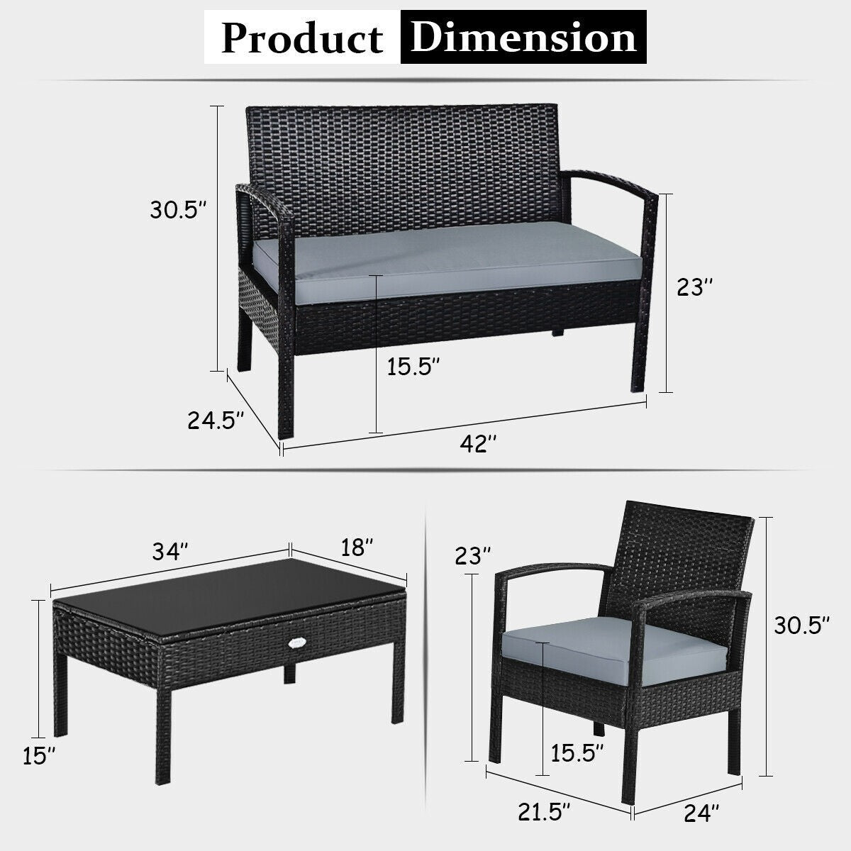 4 Piece Rattan Patio Furniture Set w/ Love Seat + Coffee Table + Grey Cushions.