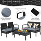 4 Piece Rattan Patio Furniture Set w/ Love Seat + Coffee Table + Grey Cushions.