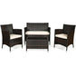 4 Piece Rattan Patio Furniture Set w/ Love Seat + Coffee Table + Red Cushions.