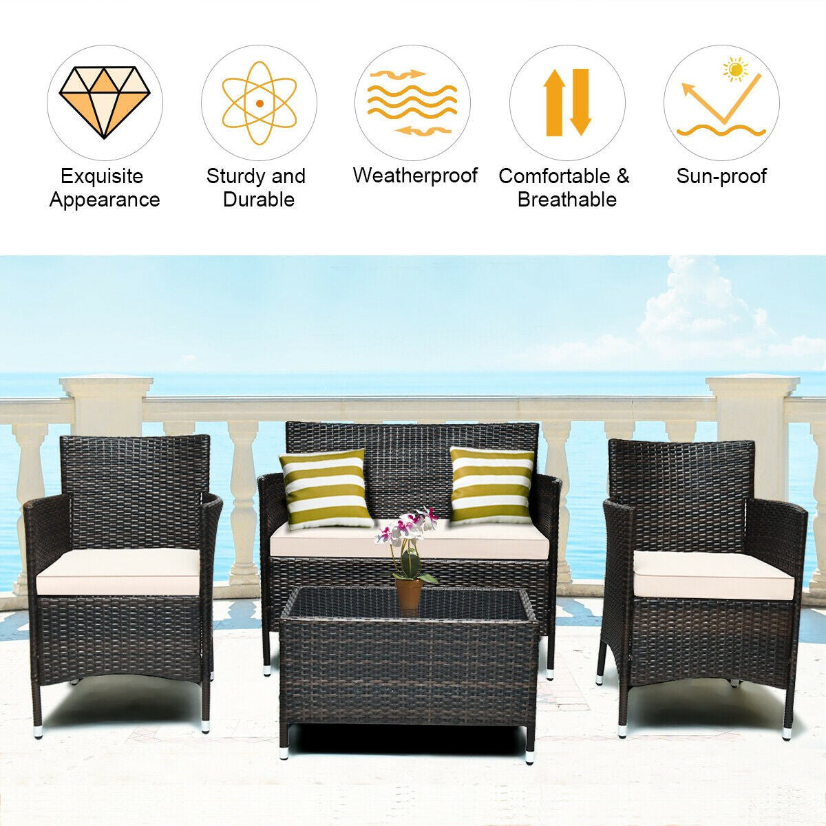 4 Piece Rattan Patio Furniture Set w/ Love Seat + Coffee Table + Red Cushions.