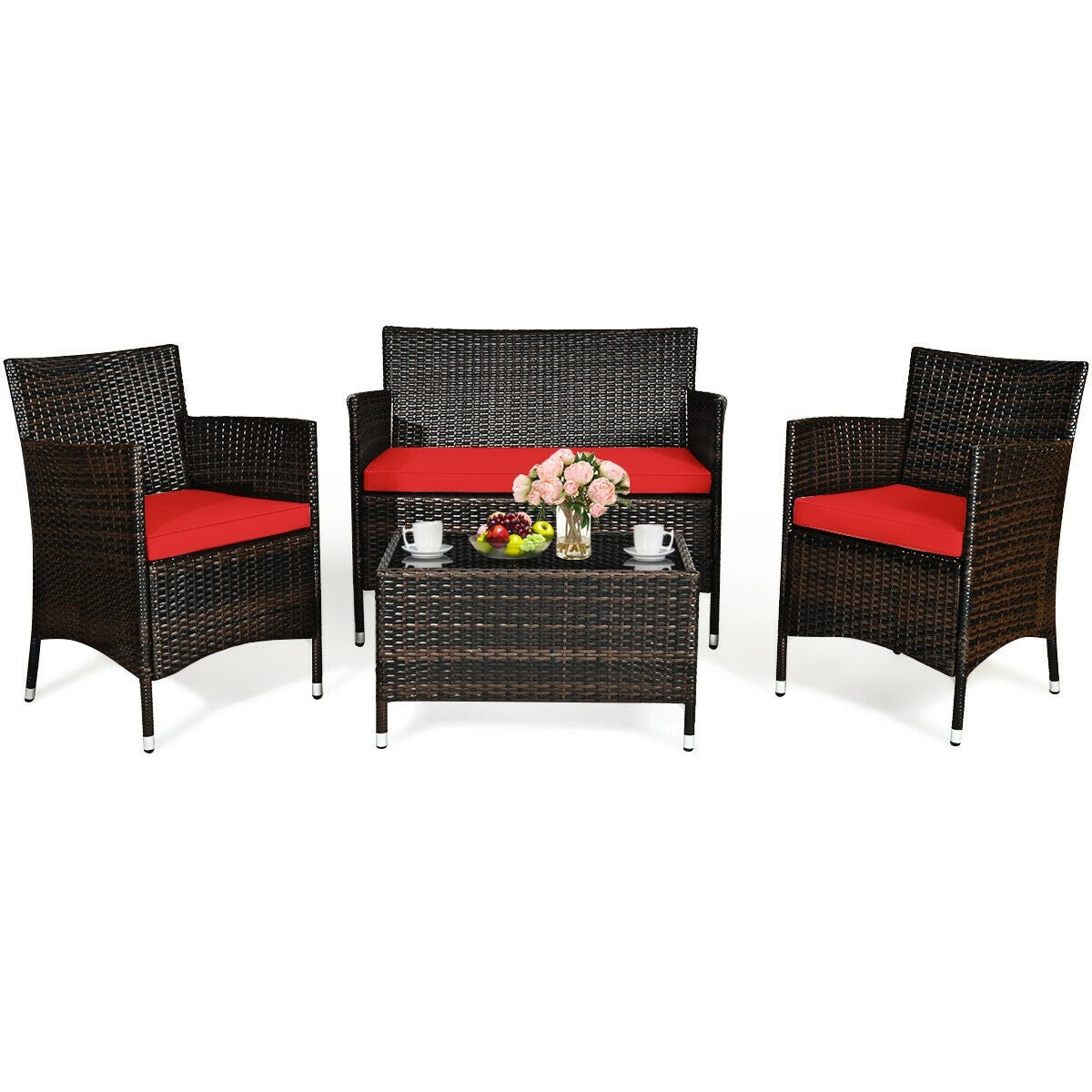 4 Piece Rattan Patio Furniture Set w/ Love Seat + Coffee Table + Red Cushions.