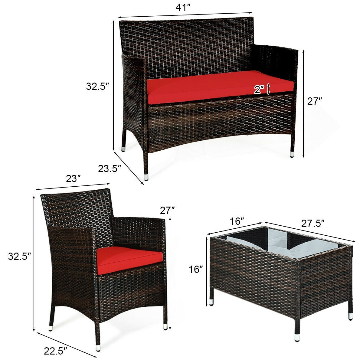 4 Piece Rattan Patio Furniture Set w/ Love Seat + Coffee Table + Red Cushions.