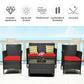 4 Piece Rattan Patio Furniture Set w/ Love Seat + Coffee Table + Red Cushions.